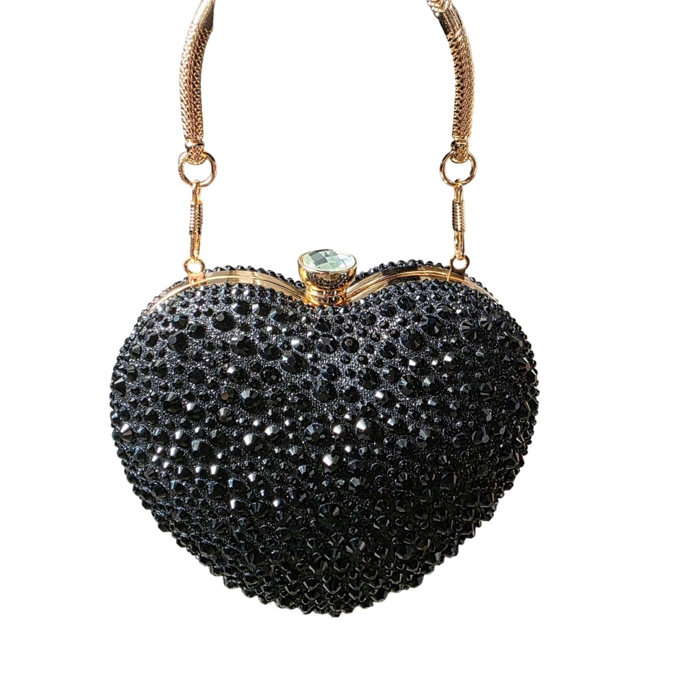 RAMLA Handmade Black Heart Rhinestone Crystal Clutch‎ Purse Evening Gold Chain